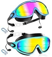 Aegend New Kids 2 Pack Wide View Swim Goggles, Anti-Fog/UV No Leak Goggles with Ear Plugs Kids 3-14