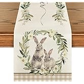 Artoid Mode Buffalo Plaid Bunny Rabbit Wild Flowers Easter Table Runner, Seasonal Kitchen Dining Tab
