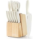 CAROTE 15Piece Knife Set, Kitchen Knife Block Set, Elegant White Ceramic-Coated Blades with Stylish 