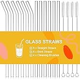 CEDIDJAC 16 PCS Reusable Glass Straws Set 6 Straight & 6 Bent Clear Drinking Straws (8.5''x10mm) wit