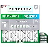 Filterbuy 20x20x1 Air Filter MERV 8 Essential Dust & Allergy Defense (4-Pack), Electrostatic Pleated