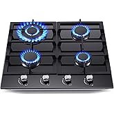 Gas Stove Top 24 Inch, Amzgachfktch Built-in Gas Cooktop 4 Burner, Black Tempered Glass Stove with N