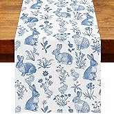 Heyfary Chinoiserie Easter Table Runner Retro Blue White Bunny Flower Spring Holiday Party Decoratio