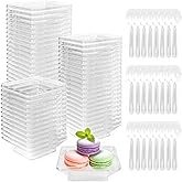 Slomg 100 Pack Mini Plastic Dessert Plates with Tasting Spoons, 2.5 Inches Small Clear Disposable Sq