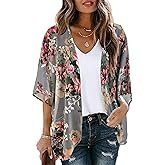 Women's Floral Print Puff Sleeve Kimono Cardigan Loose Cover Up Casual Blouse Tops