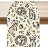 XCHI Line Drawing Bunny Eggs Leaves Rabbits Easter Table Runner Table Decoration for Party Home Kitc