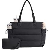LOVEVOOK Tote Bag for Women with Giant Tumbler Holder Pocket, Puffer Work Travel Laptop Handbag with
